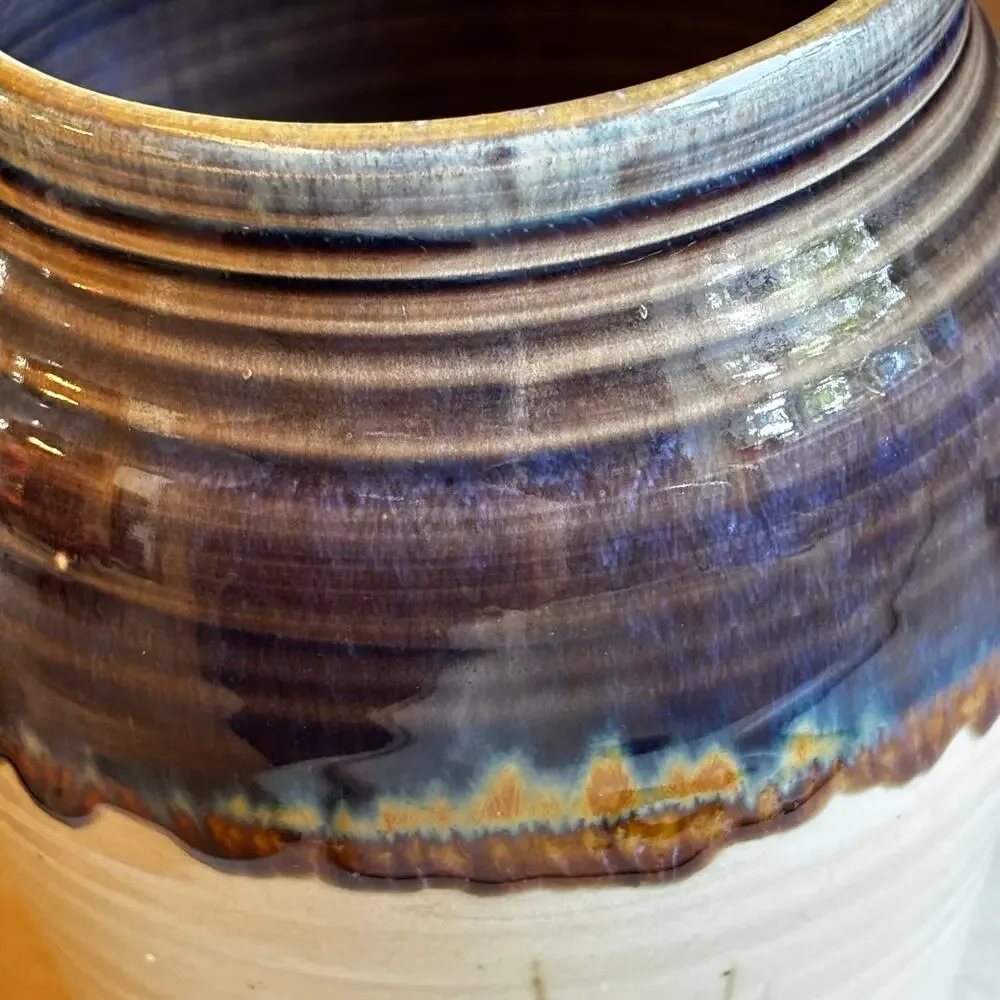Vintage signed studio pottery vase stoneware blue drip glaze country farmhouse